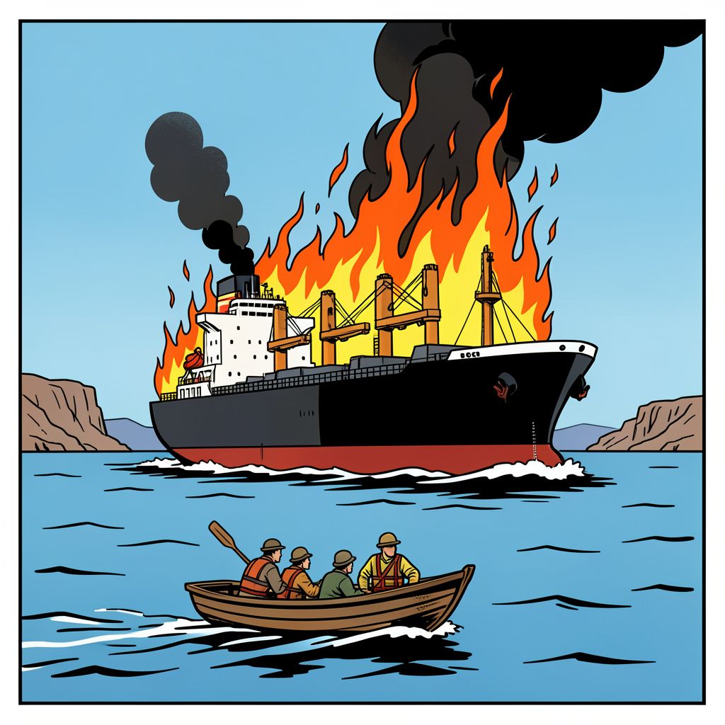 De vlammen slaan uit een tanker in de Straat van Hormuz na de tiende nacht van Amerikaans-Iraans geweld.