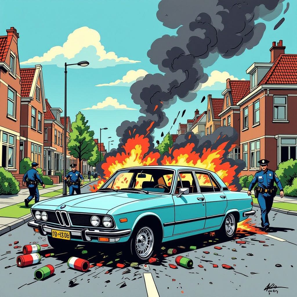 Een gecrashte vluchtauto vol explosieven zet Amsterdam-Osdorp volledig op zijn kop.