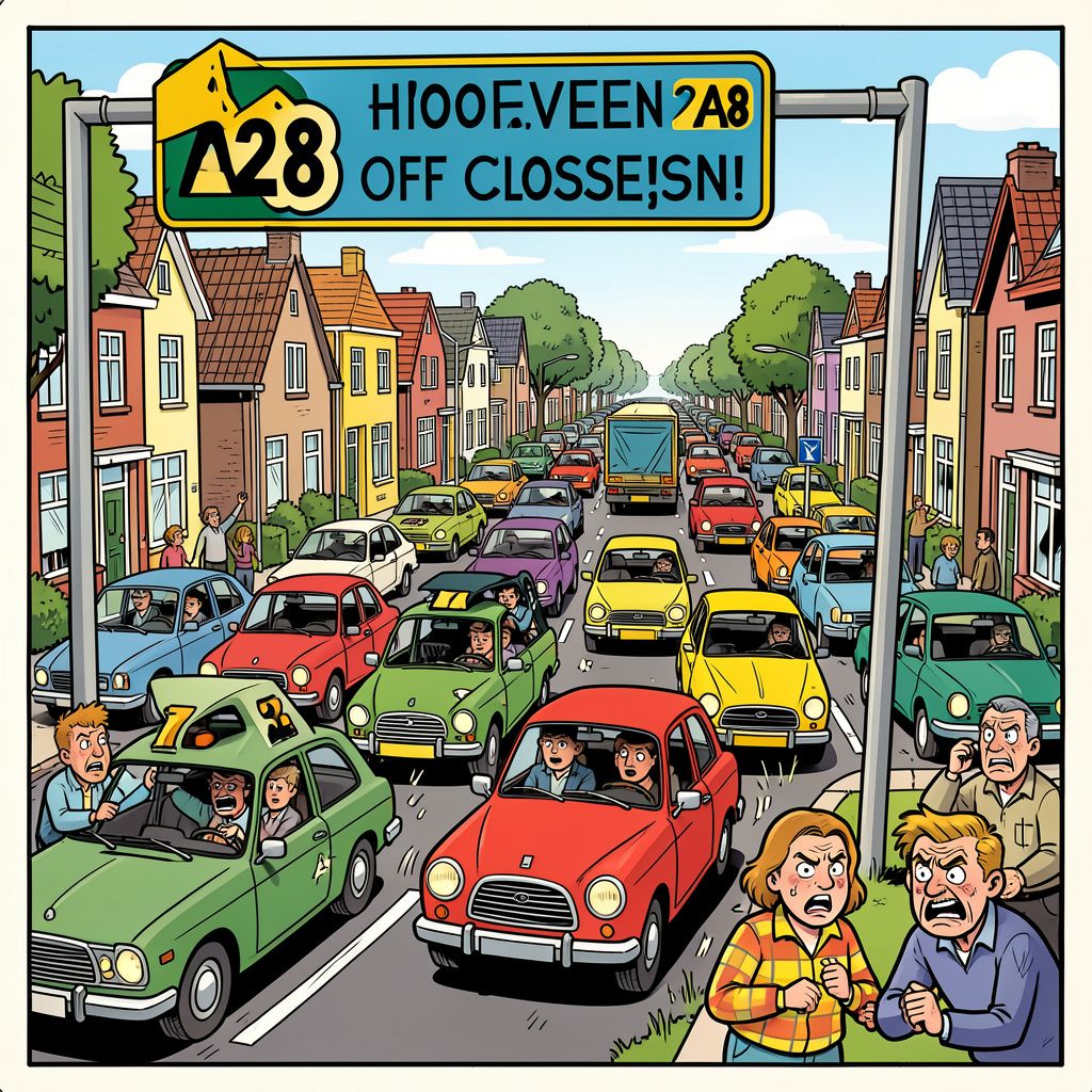 Rijkswaterstaat sluit morgen oprit A28 Hoogeveen omdat automobilisten massaal door woonwijken sluipen.