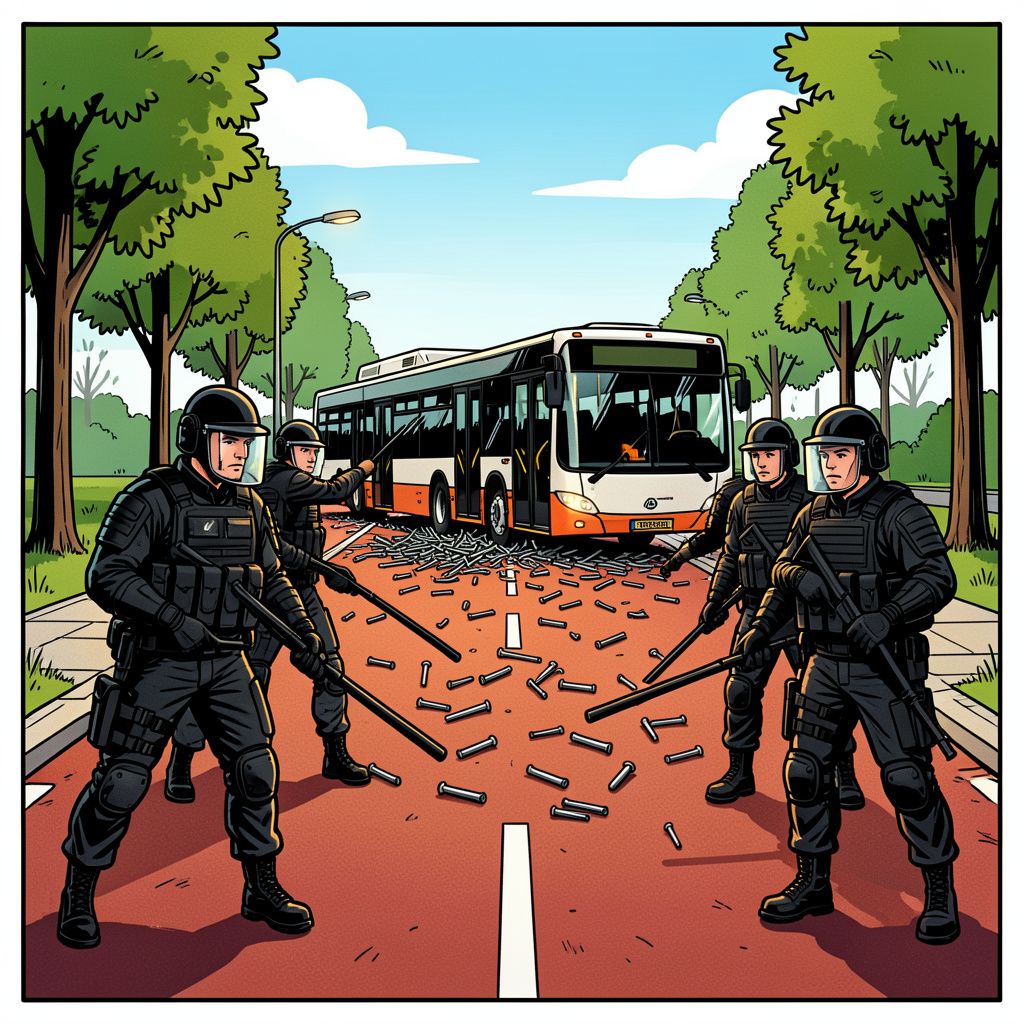 De mobiele eenheid veegt Friese weg leeg na protest met spijkers tegen asielbus.