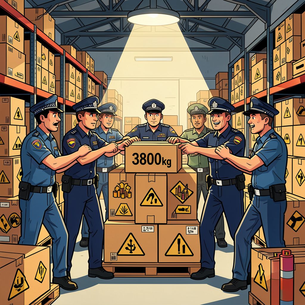 De politie pakt zeven smokkelaars en neemt 3800 kilo levensgevaarlijk vuurwerk in beslag.