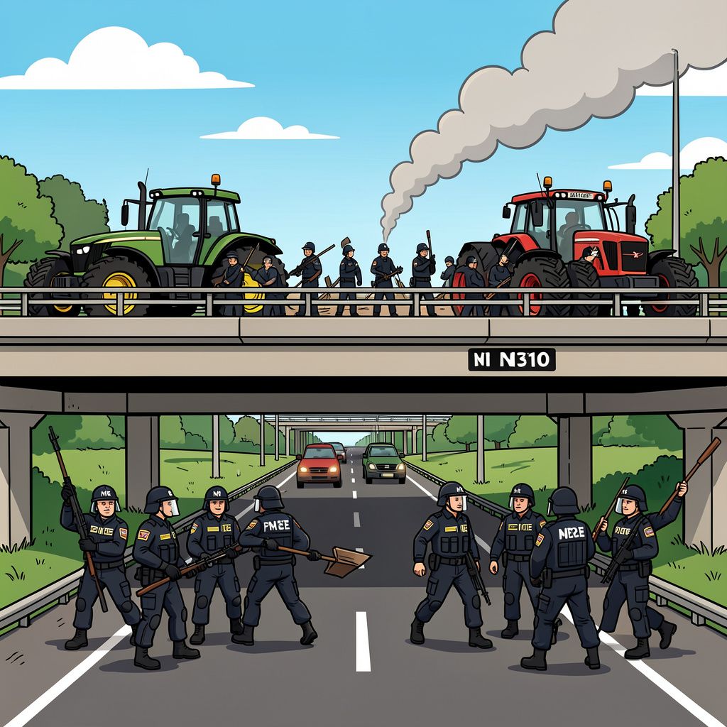 De Mobiele Eenheid veegt protesterende boeren snel van een viaduct bij Stroe.