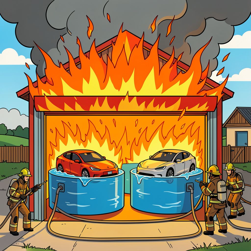 Een vermoedelijke blikseminslag veroorzaakt een flinke ontploffing en brandende elektrische auto's in een Limburgse garage.
