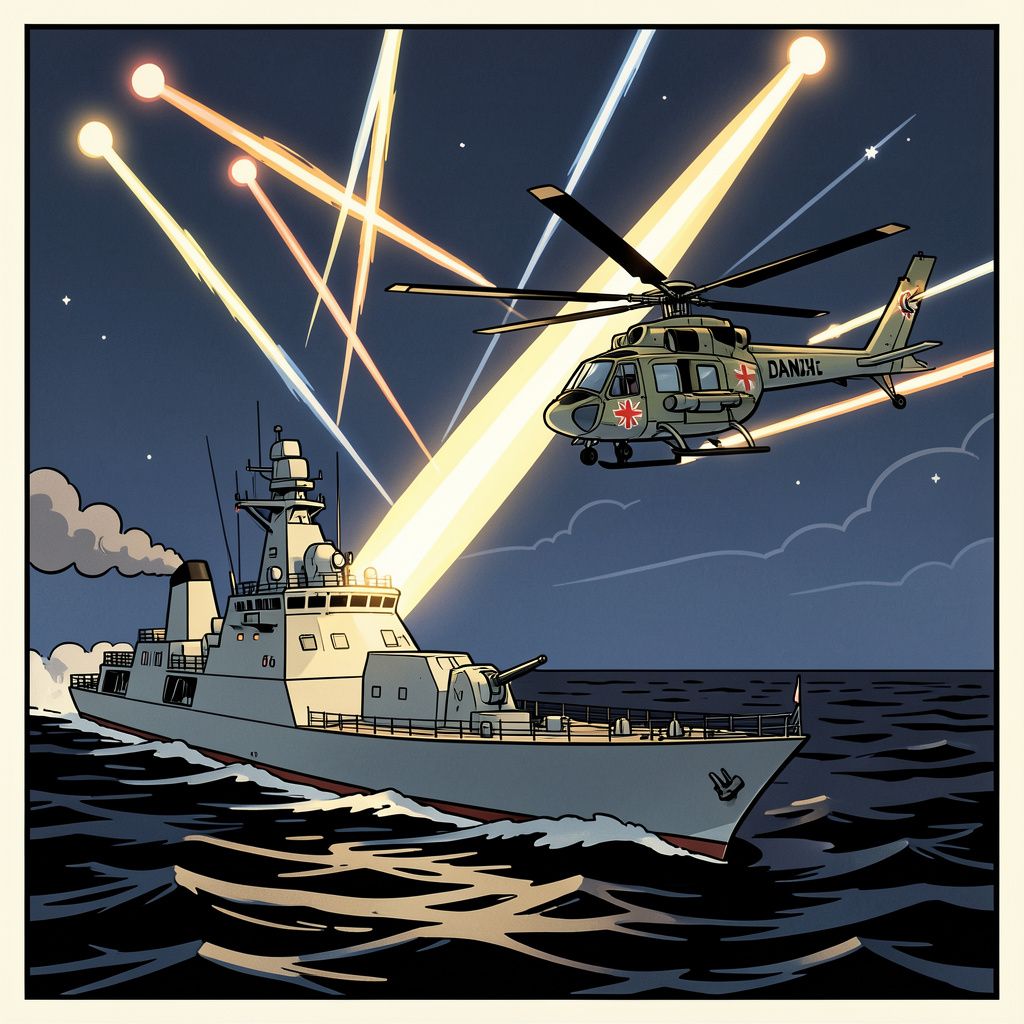 Een Russisch oorlogsschip vuurt plotseling lichtkogels af op een Deense defensiehelikopter.