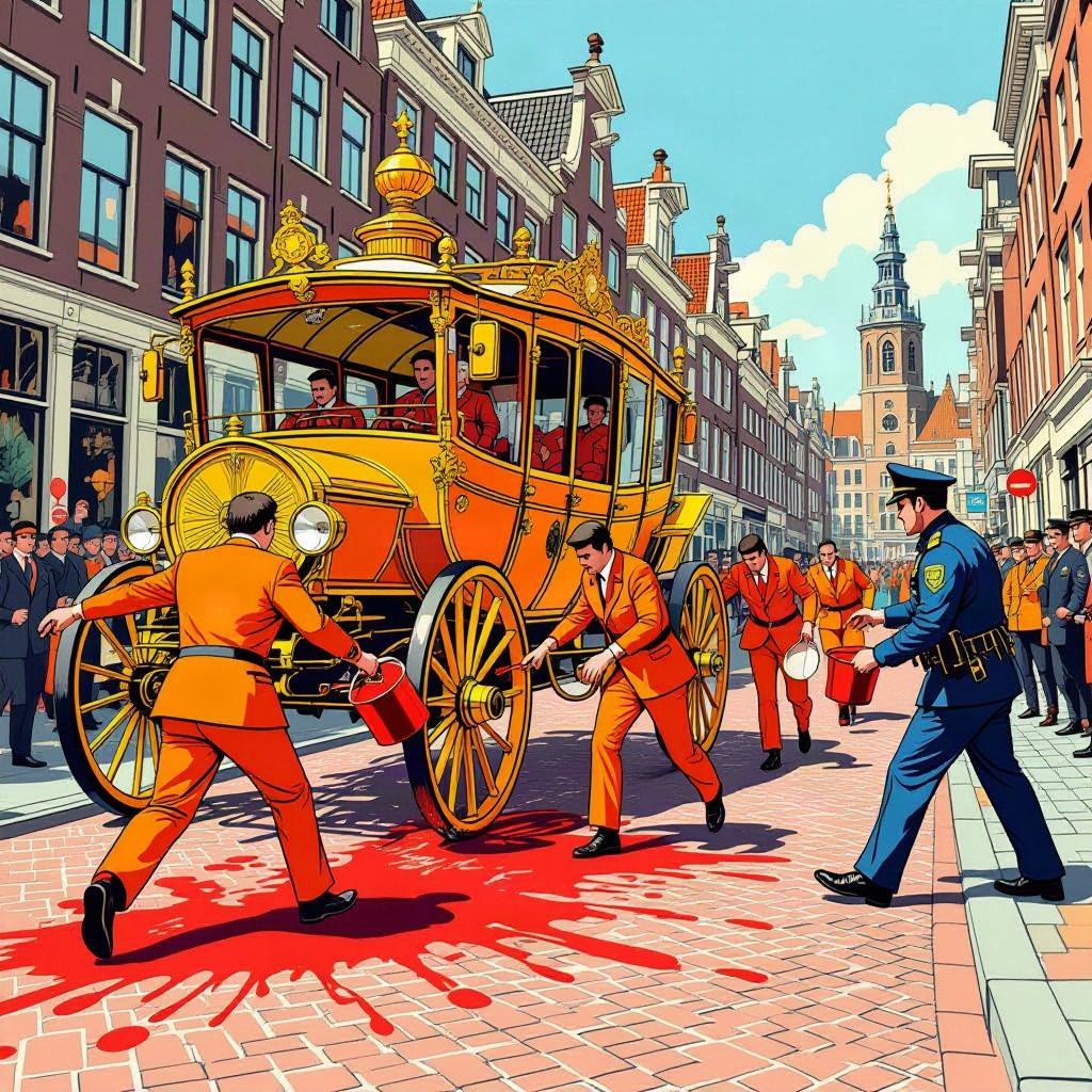 Activisten gooien rode verf op de route van de Glazen Koets.