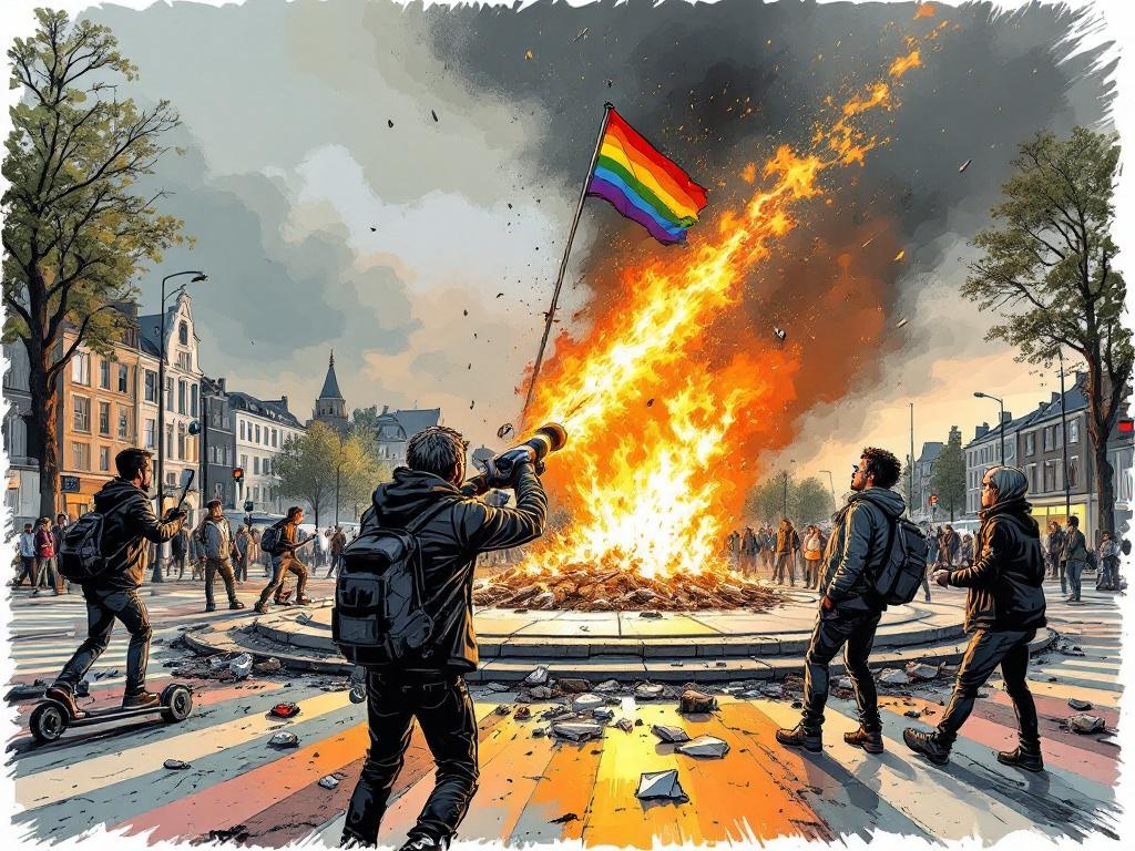 Dertig jongeren steken urker rotonde in brand na weggehaalde regenboogvlag