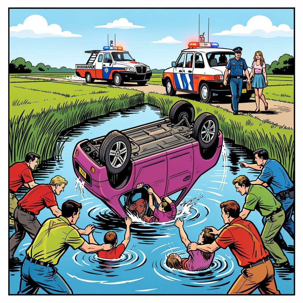 Heldhaftige omstanders redden inzittenden nadat een auto op de kop in het water belandt in Breezand.