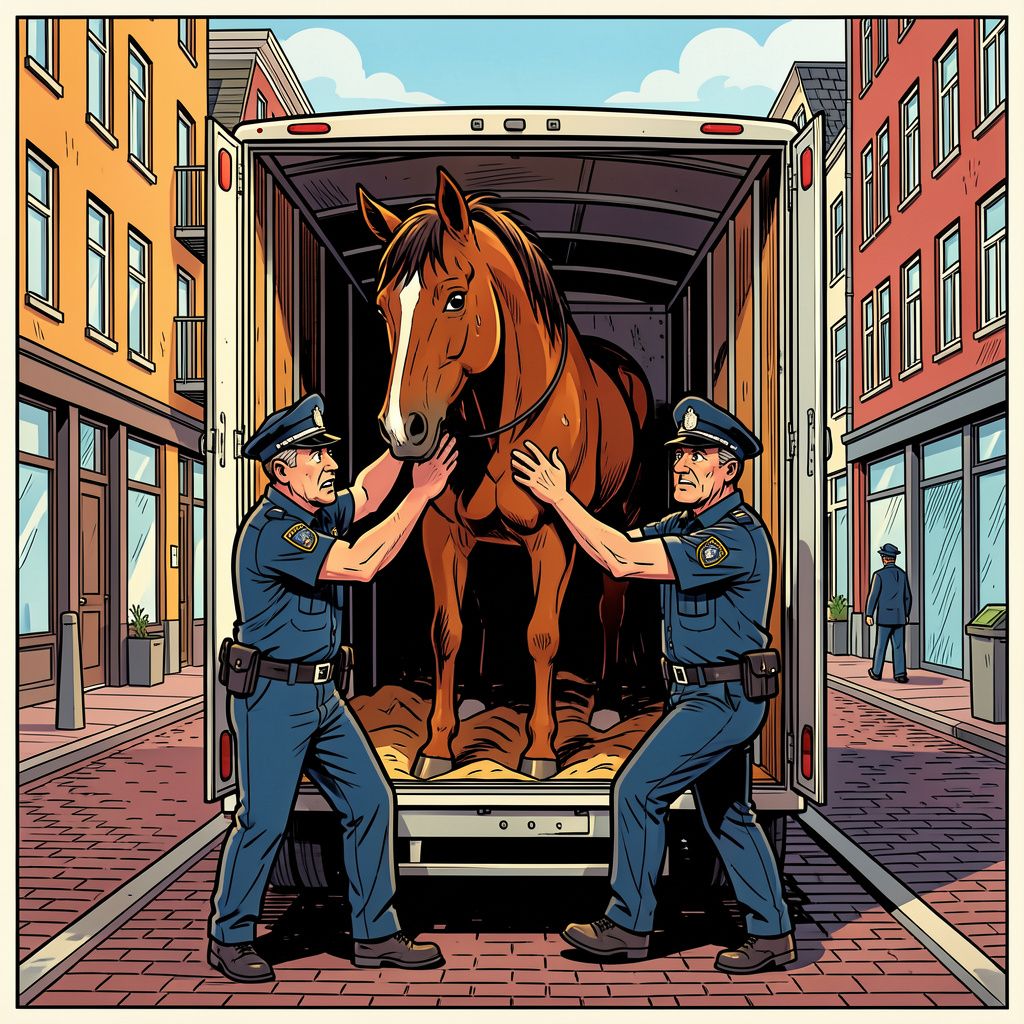 De dierenpolitie bevrijdt een klemgezet paard uit een benauwde aanhanger in Rotterdam-Zuid.