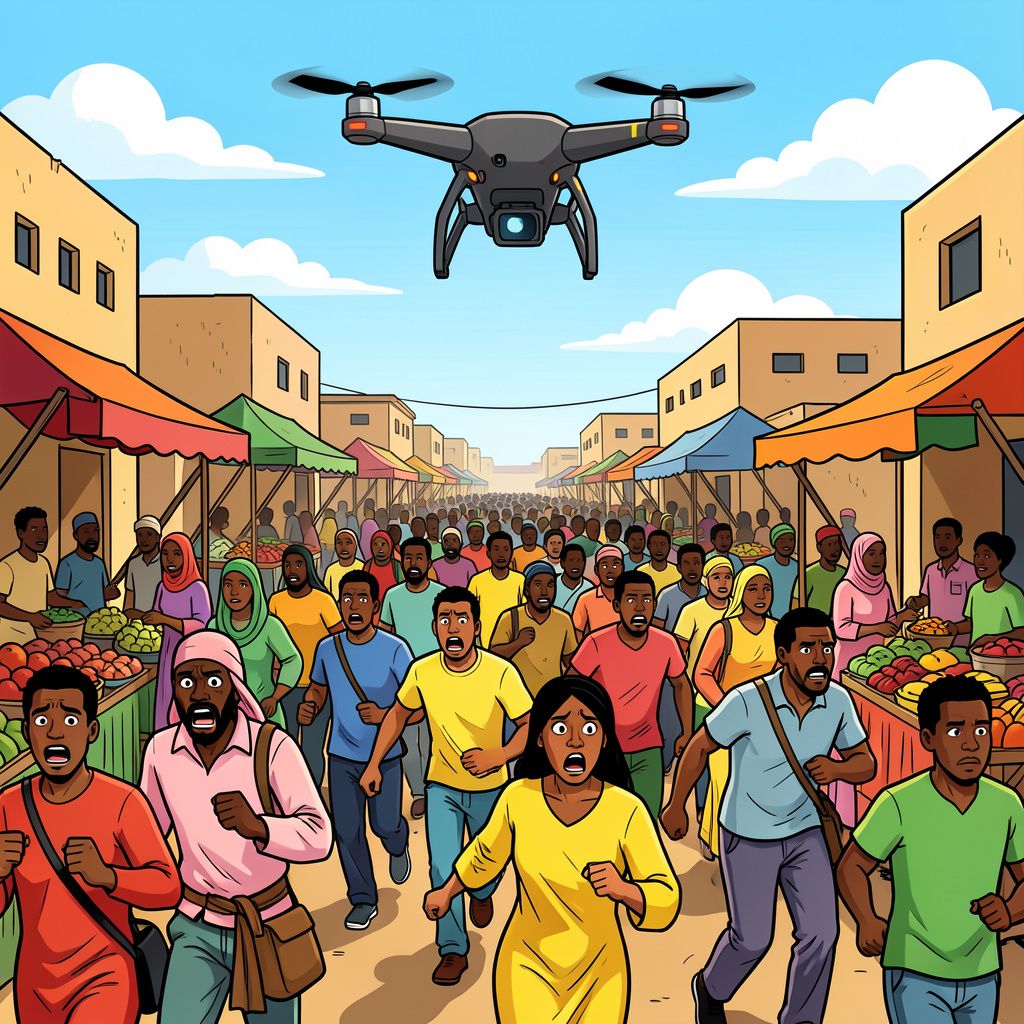 Een dodelijke droneaanval zaait paniek op een drukke Soedanese markt.