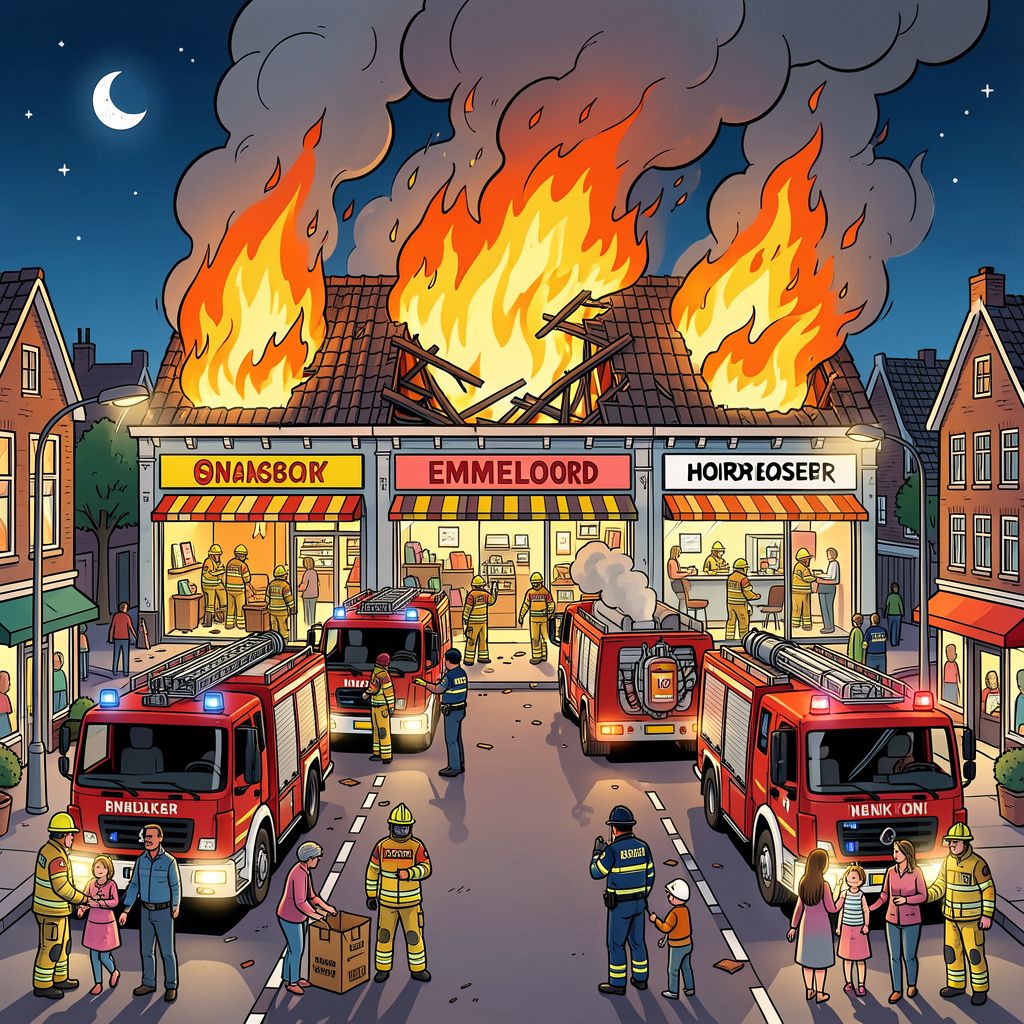 Politie onderzoekt brandstichting nadat vuurzee drie winkels in Emmeloord volledig verwoestte