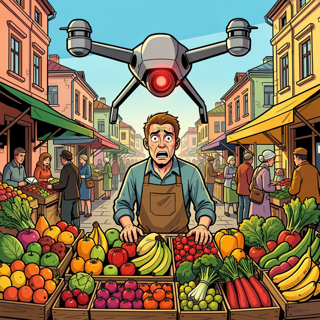 Een Russische drone jaagt op een groenteman op de markt in Cherson.
