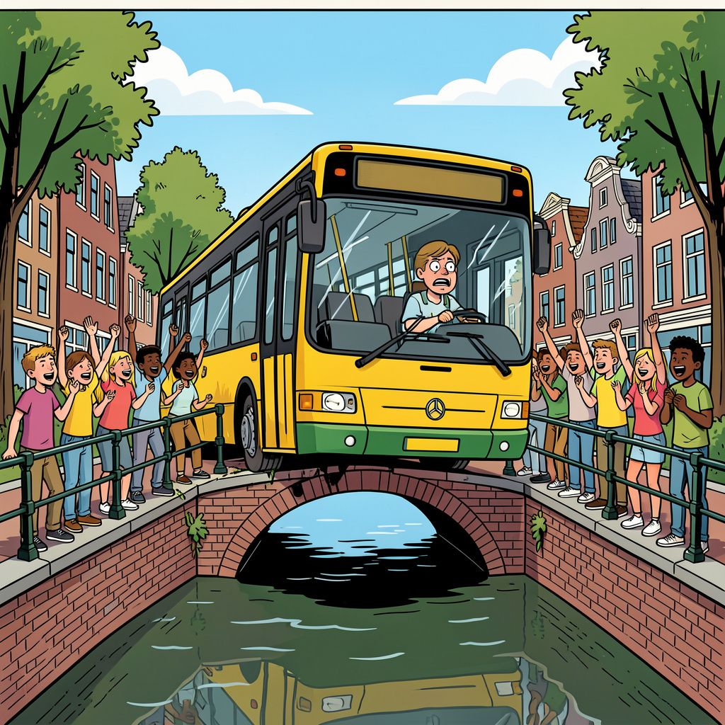 Een stadsbus rijdt zich hopeloos klem op een krappe Utrechtse grachtenbrug.