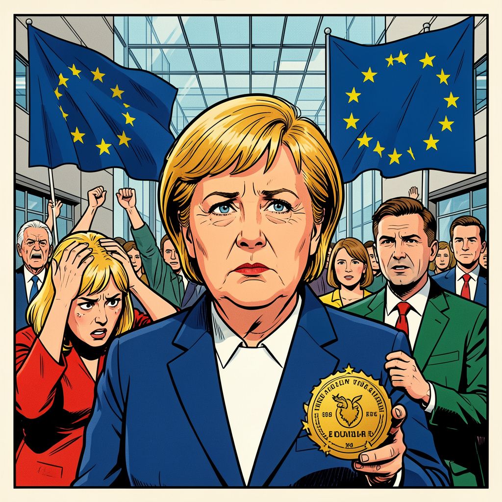 Angela Merkel waarschuwt tijdens eerste EU-erelintjesuitreiking dat Europese waarden onder druk staan