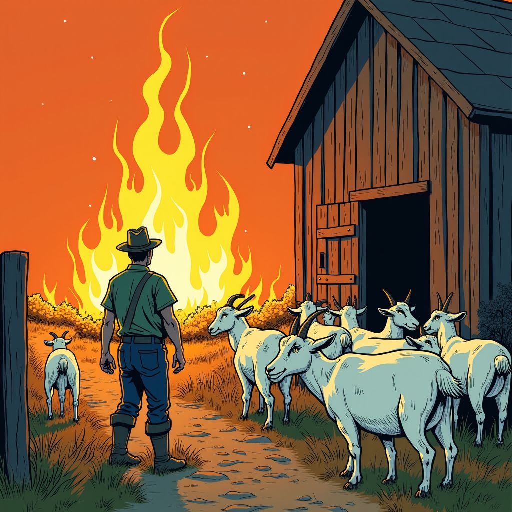 Een boer wordt wakker en ziet zijn geitenstal in lichterlaaie staan