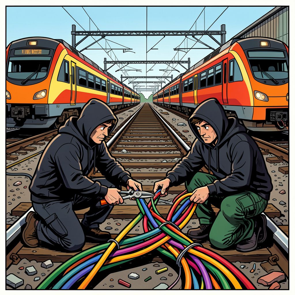 Saboteurs leggen het Nederlandse treinverkeer plat met doorgeknipte kabels op het spoor.