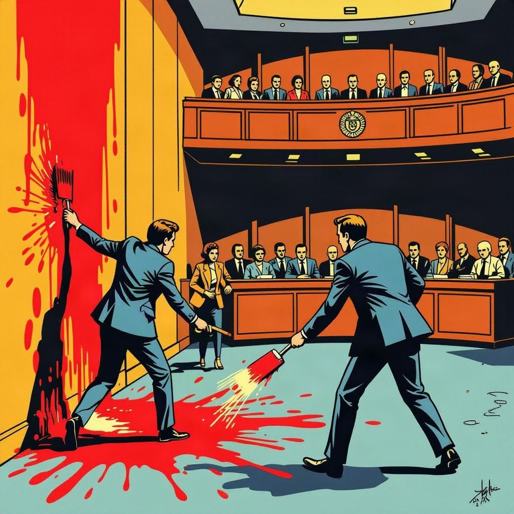 Actievoerders schreeuwen de tribune leeg en bekladden de Tweede Kamer met rode verf.