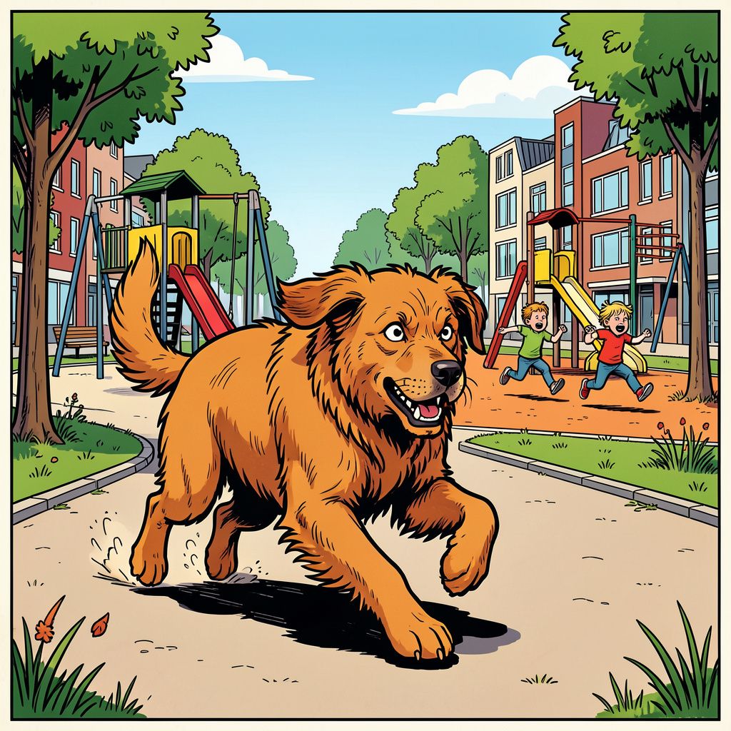 Een loslopende hond zaait angst en verderf op een grasveld in Spijkenisse.