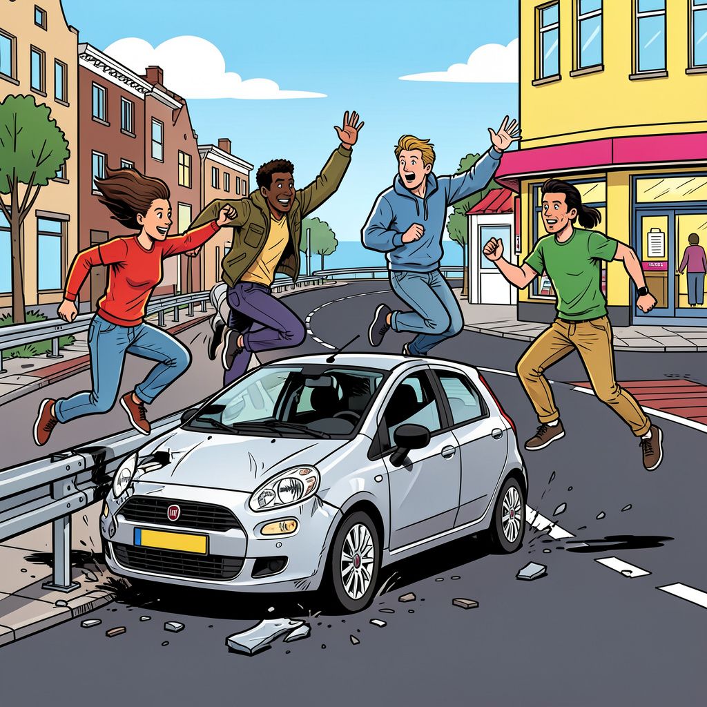 Vijf wegracers vliegen uit de beruchte Groningse Mario Kart-bocht en nemen de benen.