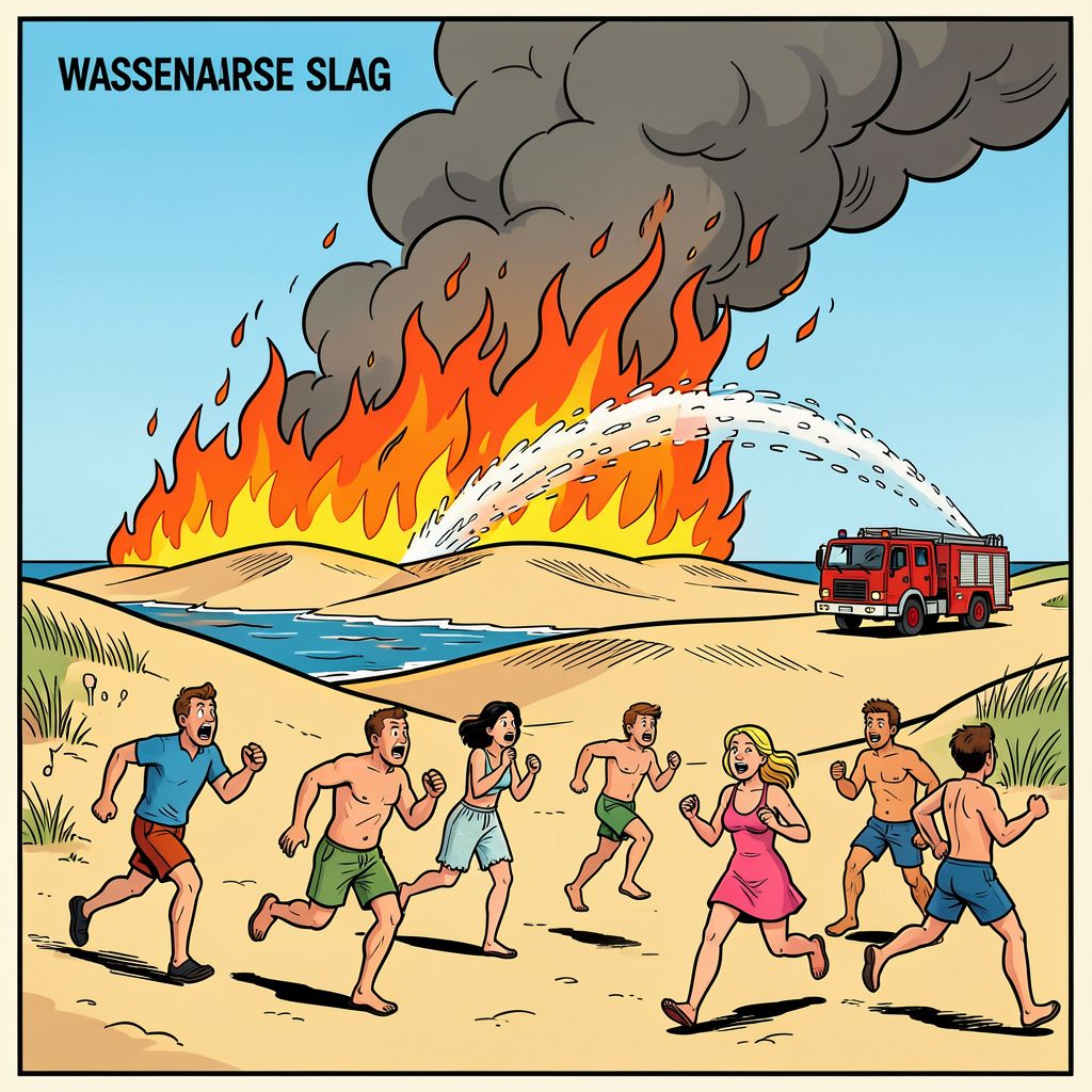 Een grote duinbrand jaagt strandgasten op de vlucht bij de Wassenaarse Slag.