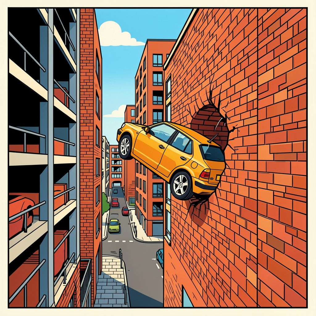Een auto bungelt gevaarlijk hoog boven de straat na een crash door een muur in Delft.