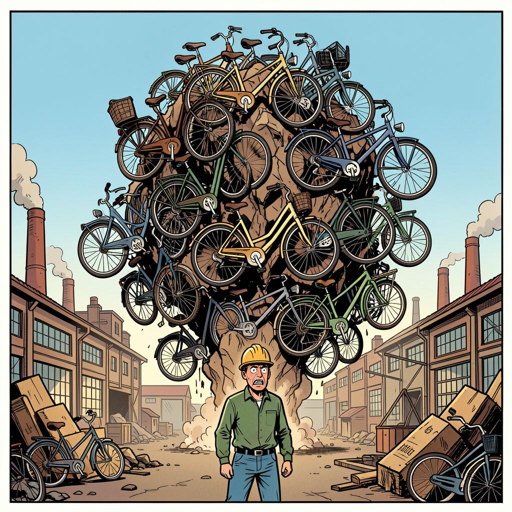 Fietsenreus Accell wankelt door een gigantische berg onverkochte fietsen.
