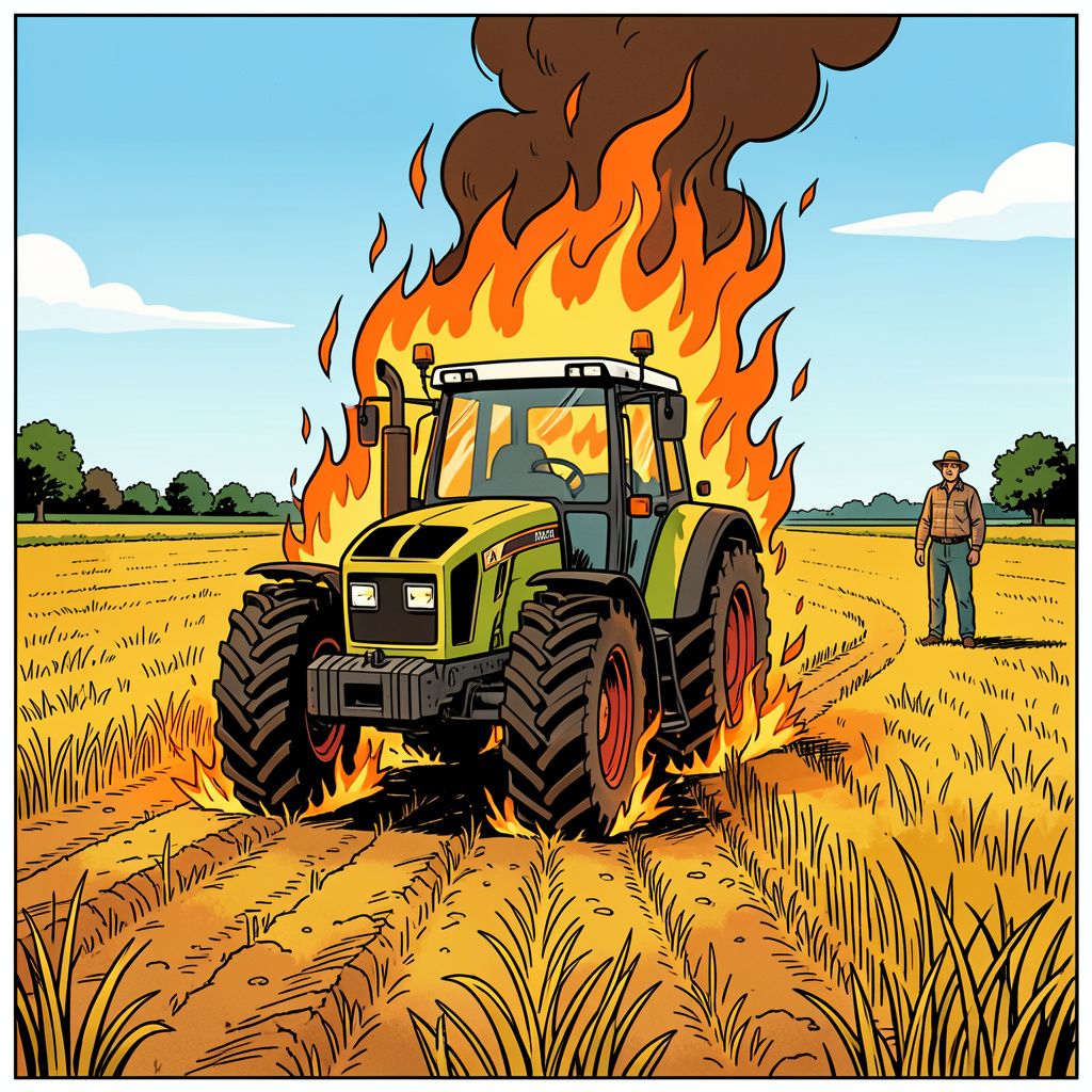 Een brandende tractor zet een gortdroge akker in lichterlaaie in Paasloo.