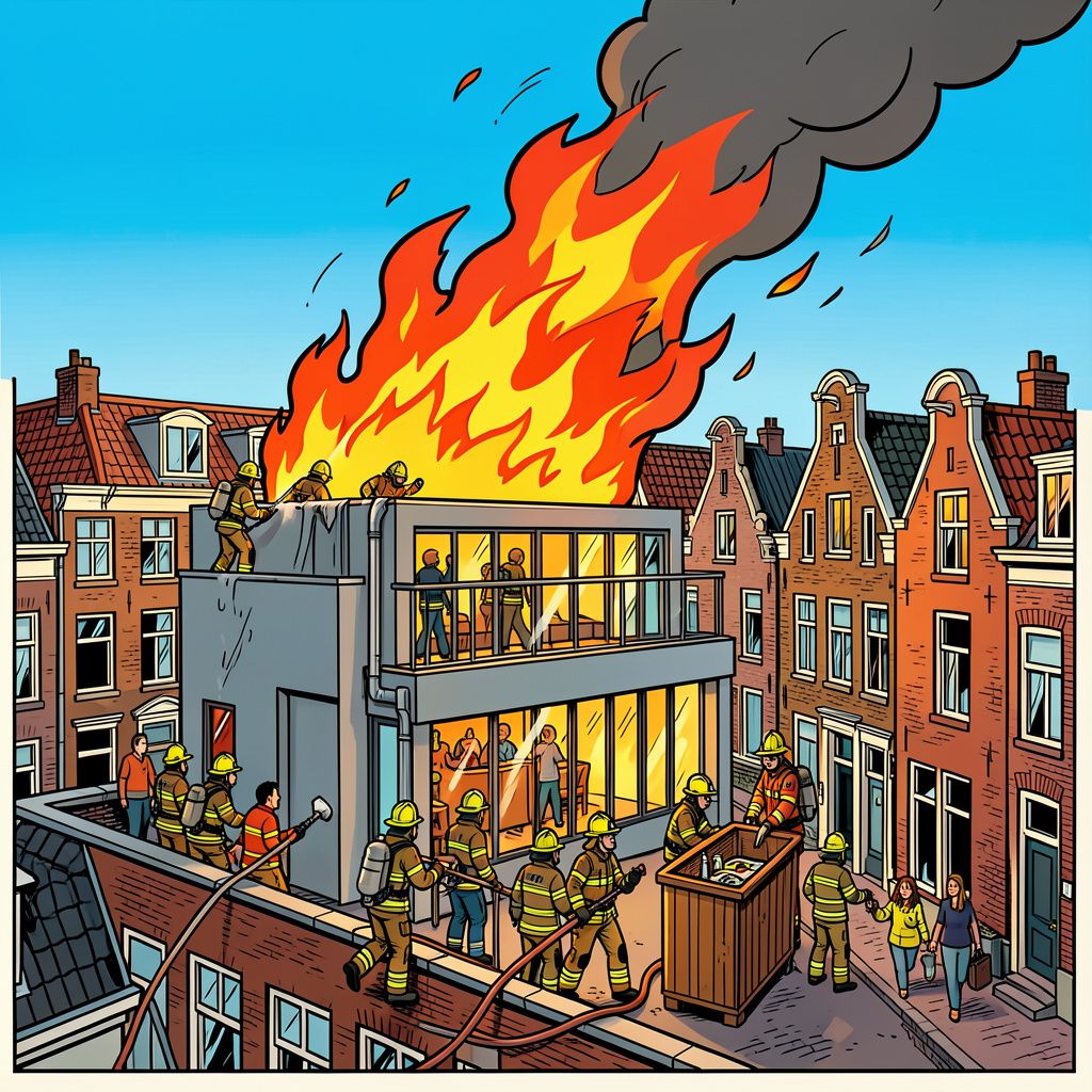 Een grote brand teistert een dakterras in het centrum van Leeuwarden.