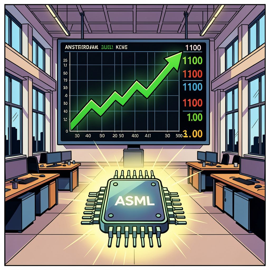 Chipgigant ASML stuwt de Amsterdamse AEX-index vandaag naar een historische recordhoogte van dik boven de 1.100 punten.
