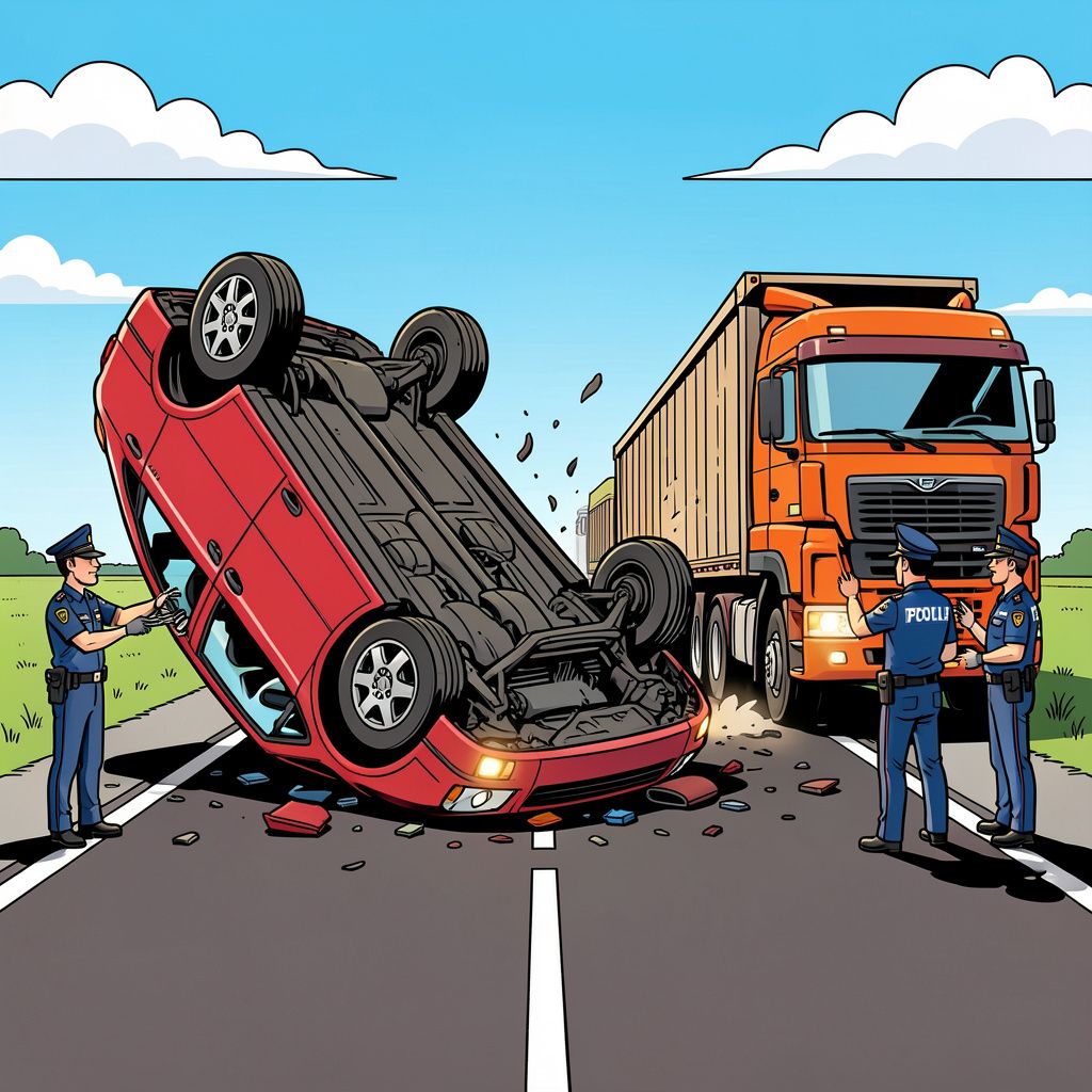 Een auto belandt op zijn kop na een heftige klap tegen een vrachtwagen op de N307.