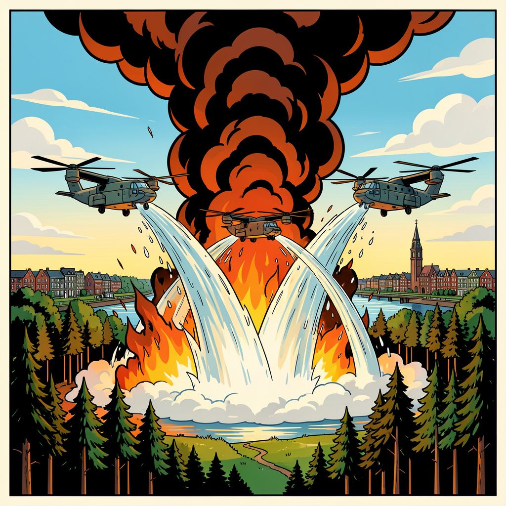 Chinook-helikopters vliegen non-stop boven brandende Veluwe terwijl rook tot Amsterdam trekt