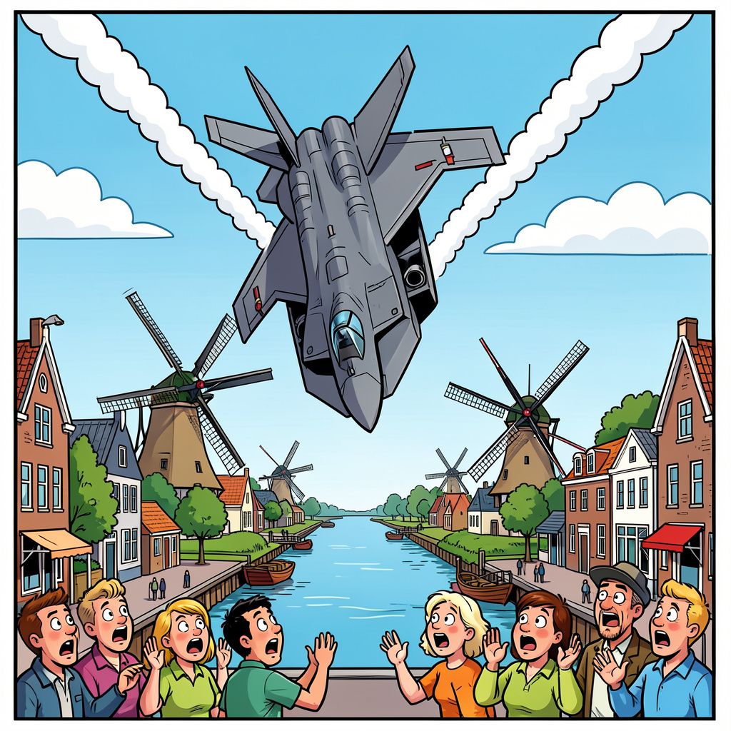 Een bulderende F-35 trekt scherpe u-bocht boven Alblasserdam.