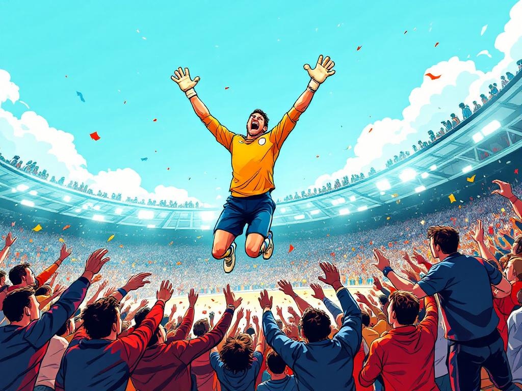 Katwijk-keeper duikt juichend het publiek in terwijl penaltyserie nog loopt