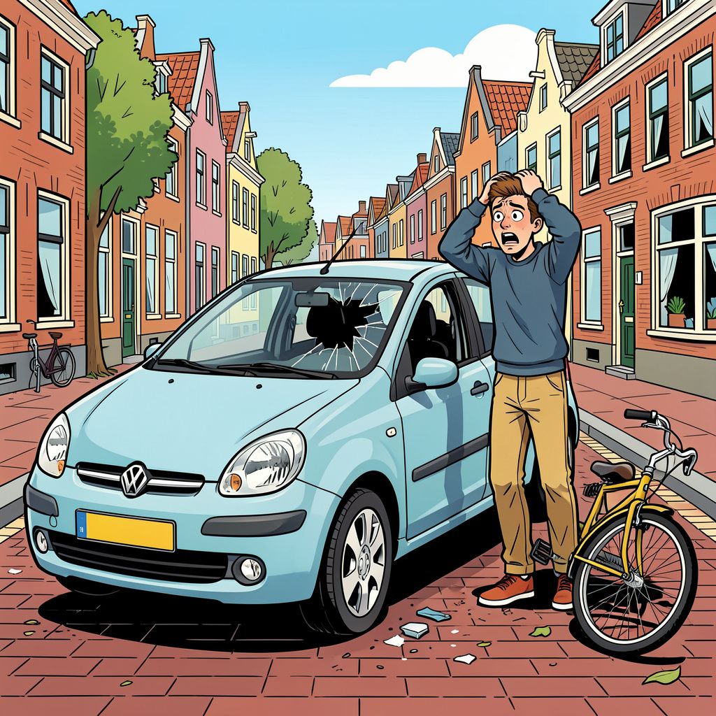 Een jonge automobilist rijdt zonder rijbewijs een fietser aan en slaat in paniek zijn eigen autoruit kapot.