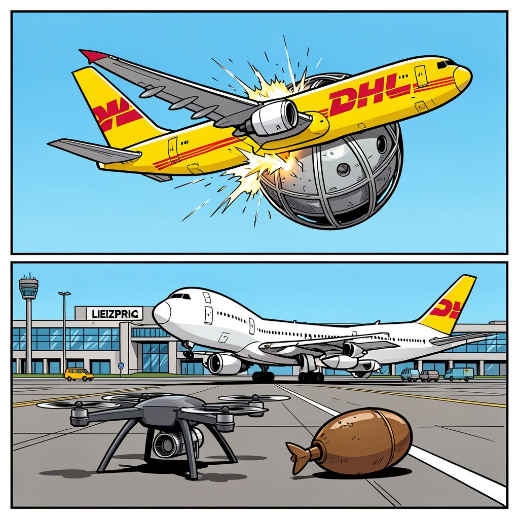 Een bomdrone legt luchthaven Leipzig plat en een vrachtvliegtuig botst in de lucht met een raadselachtig object.