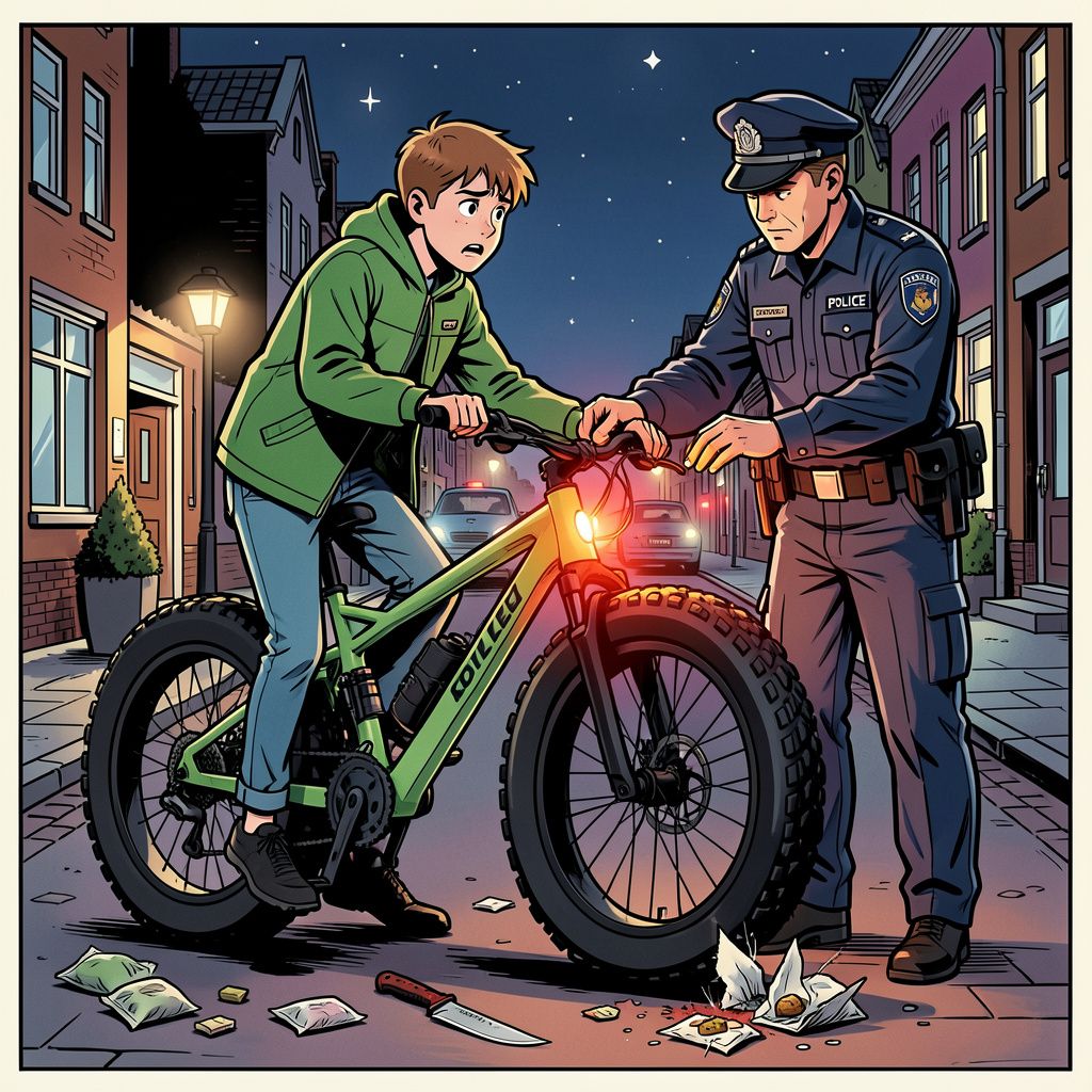 Een kapot achterlicht brengt een veertienjarige fatbiker met een rambo-mes en drugs flink in de problemen.