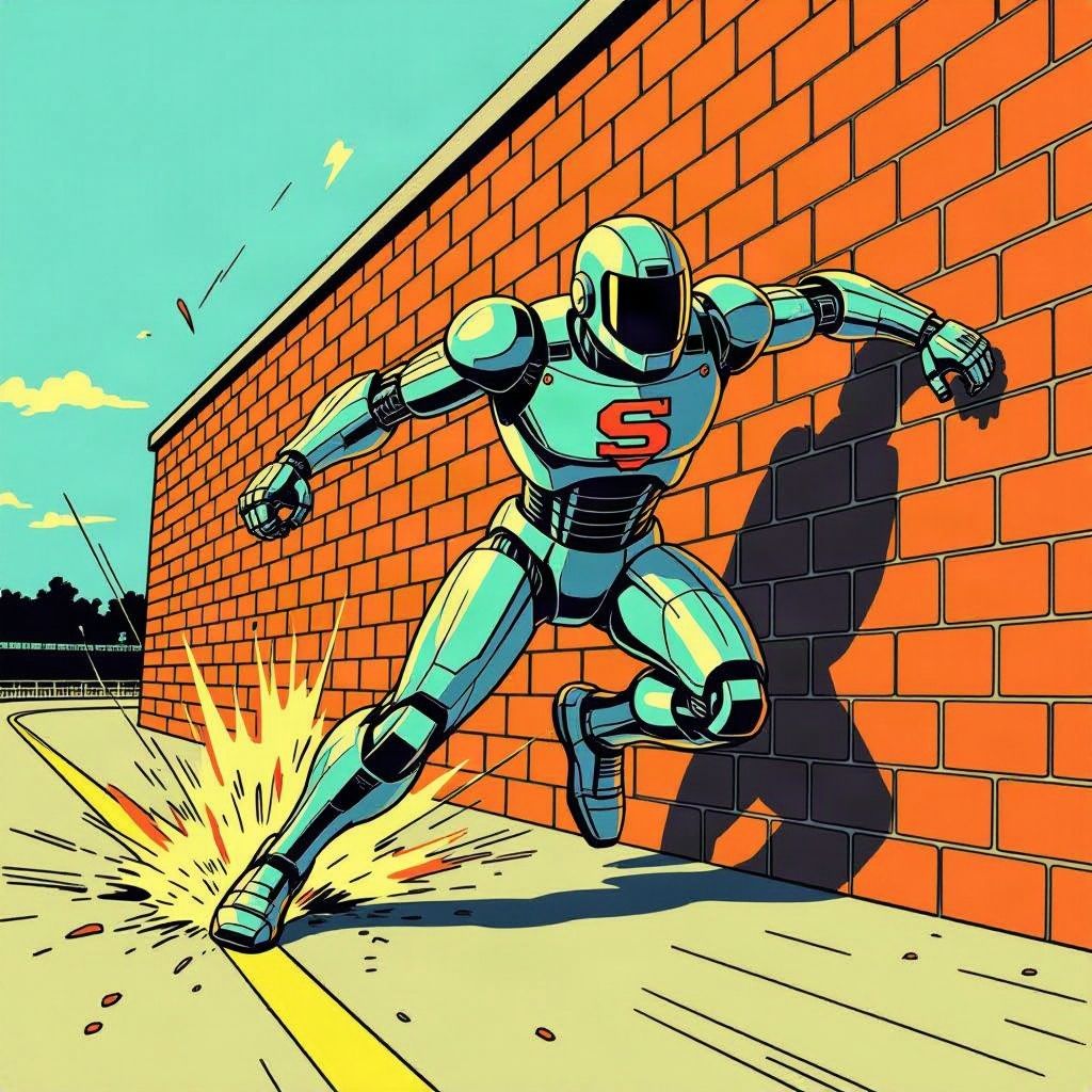 De nieuwe Chinese robot Superman rent sneller dan Usain Bolt maar knalt keihard tegen de muur.