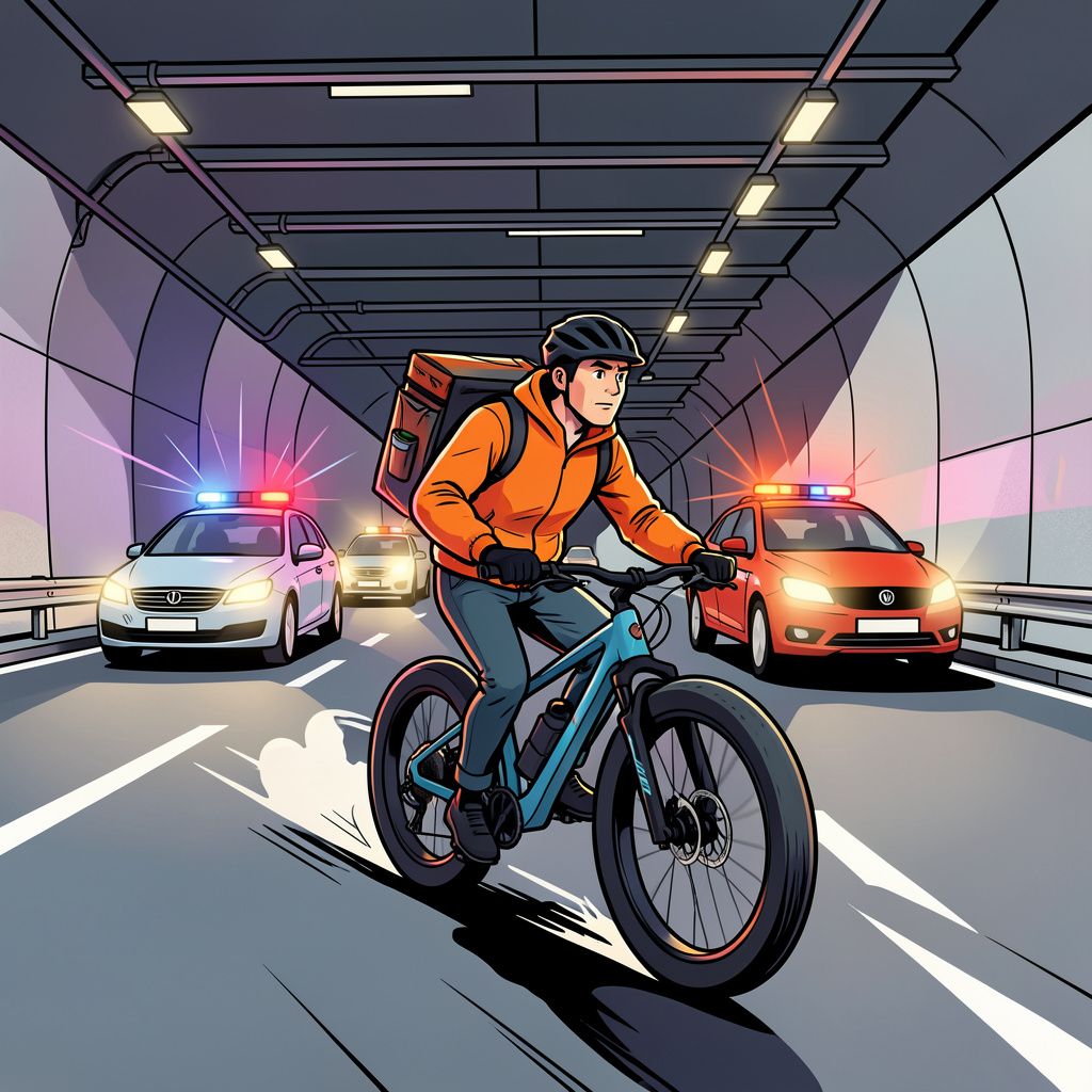 Een maaltijdbezorger scheurt op een fatbike over de snelweg en glipt zo de Velsertunnel in.