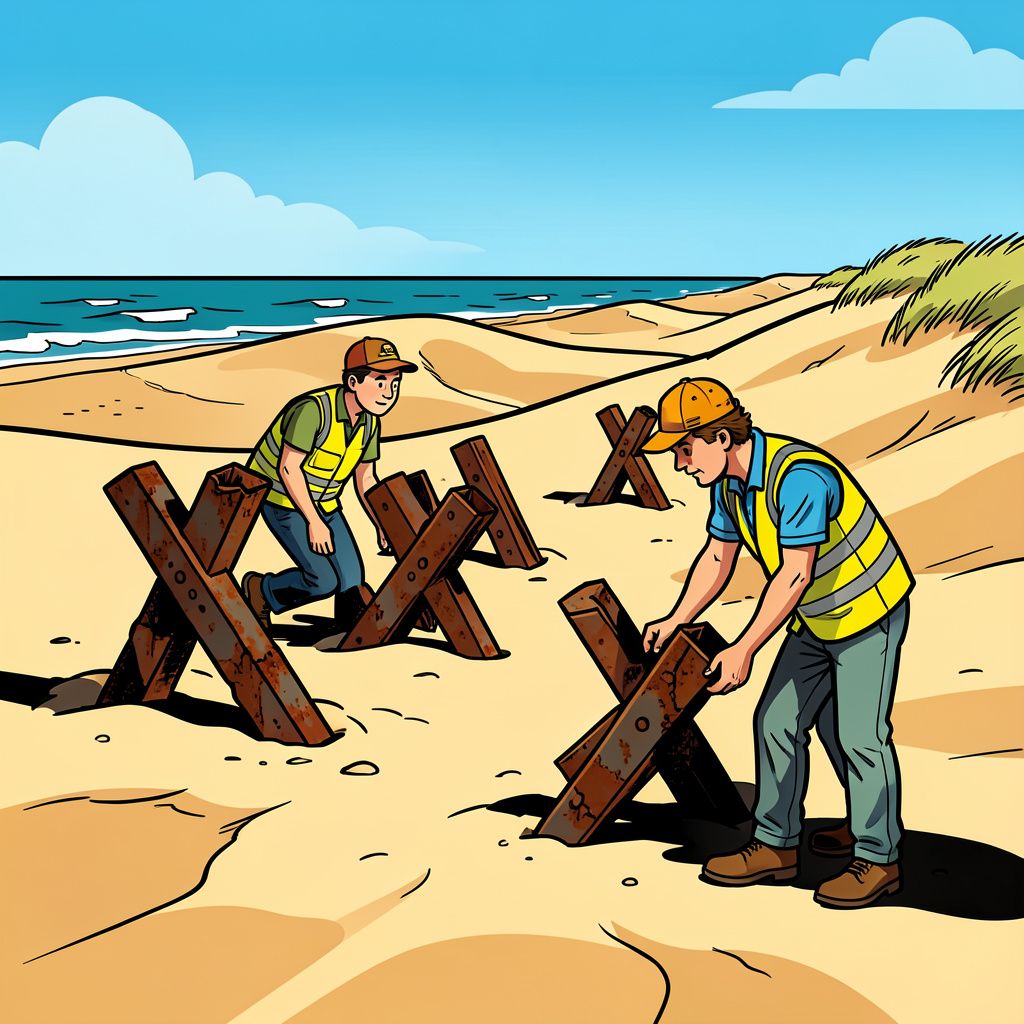Verschuivend zand legt tachtig jaar oude Duitse strandversperringen bloot in Ouddorp.