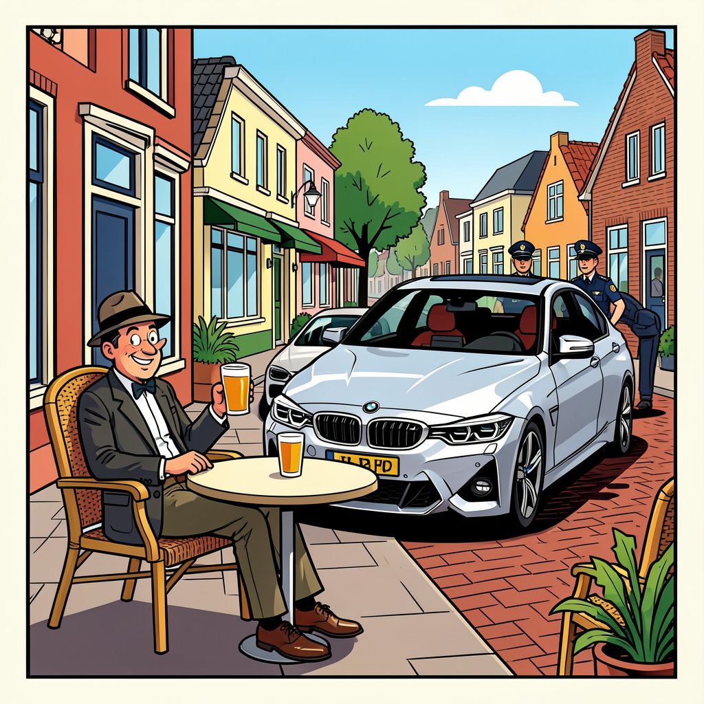 een brutale dief steelt een dure BMW tijdens een proefrit en eindigt met een biertje op het terras.