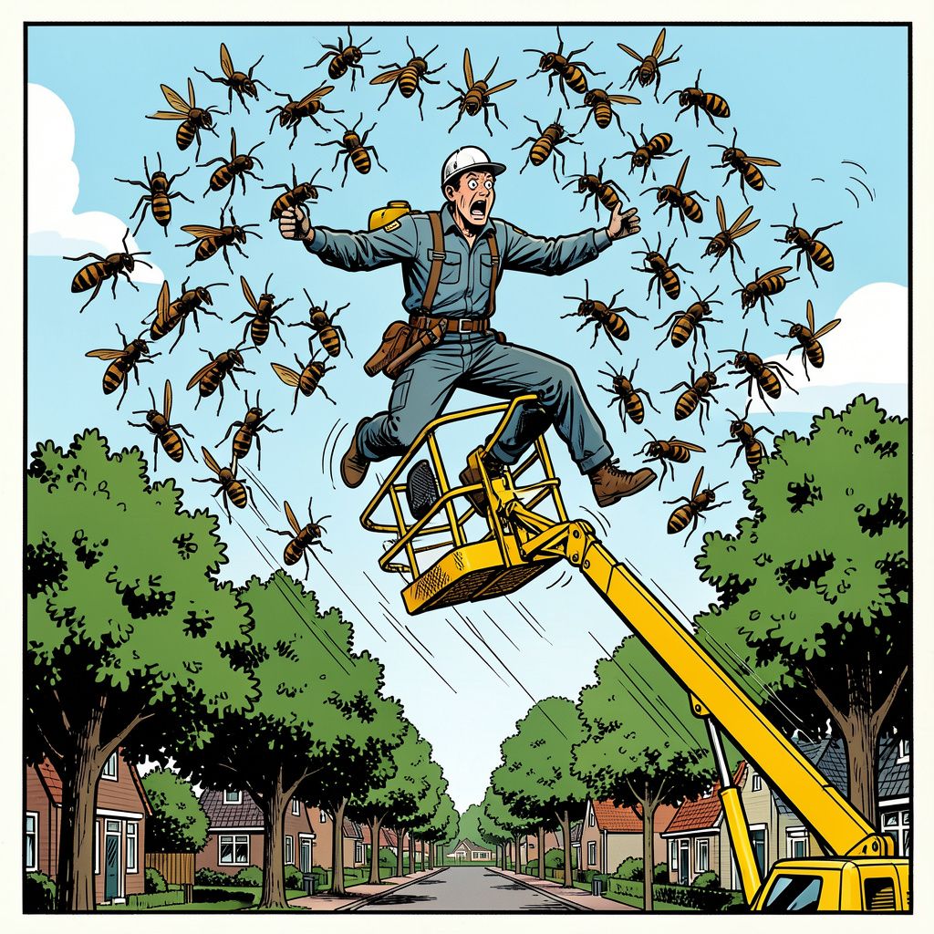 Een bomensnoeier springt meters diep uit zijn hoogwerker na een woeste aanval door Aziatische hoornaars.